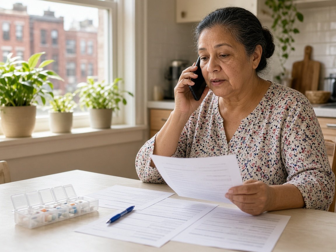 A woman on the phone with a Medicare agent while she reads plan papers at her kitchen table