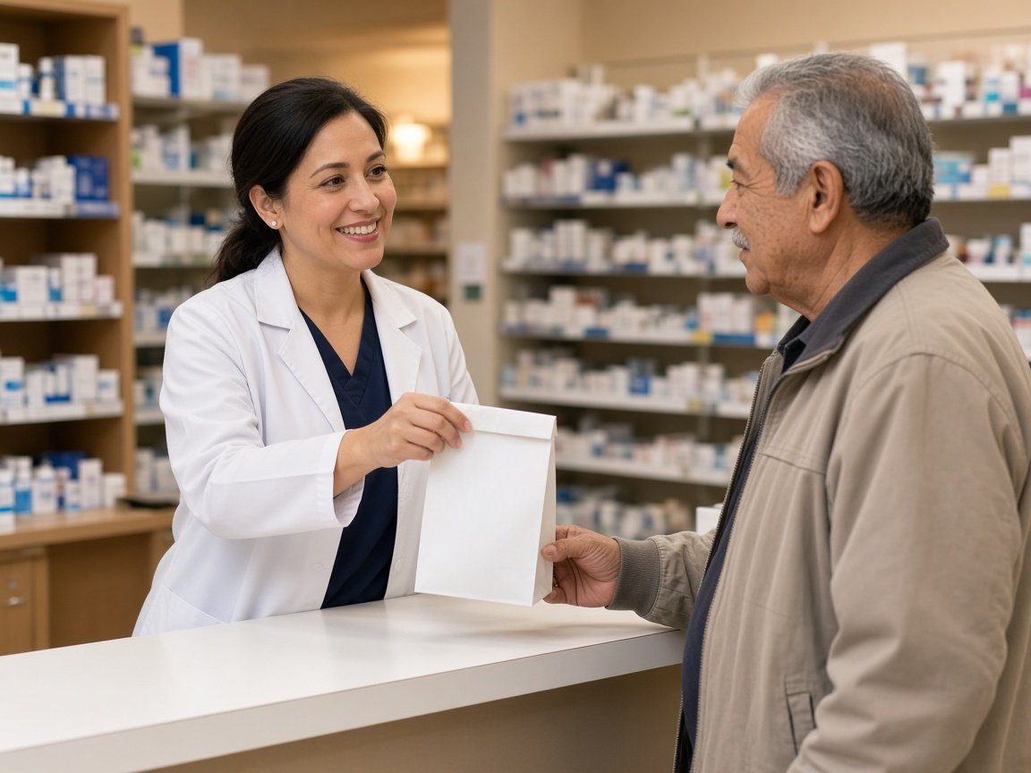 A pharmacist hands an older man his prescription at the counter