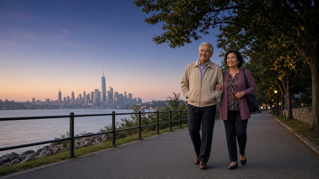 An older couple walks along a path above the Hudson River with the city skyline behind them